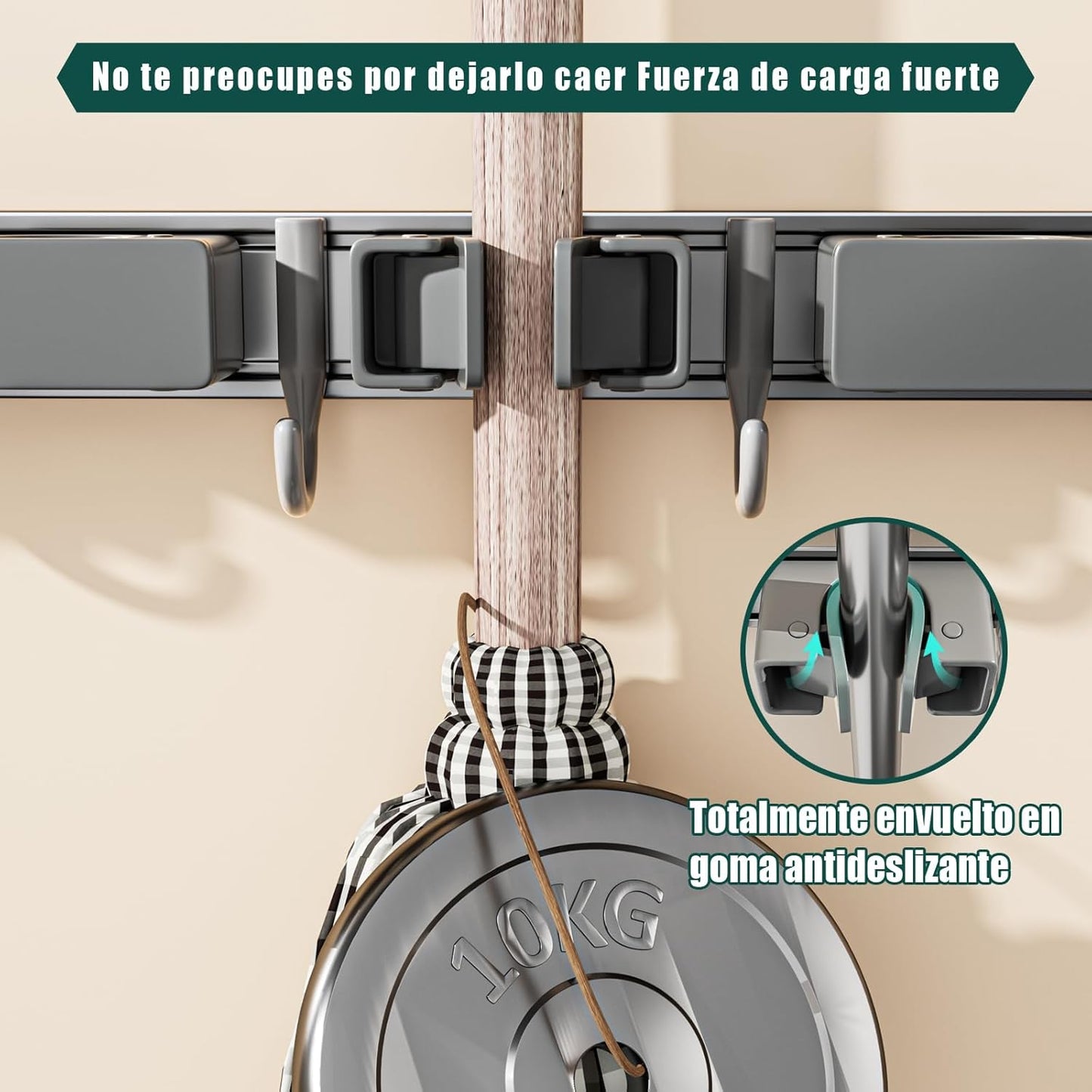 Broom Holder Wall Mount Movable Hooks and Clips Mop and Broom Hanger Wall Mounted Aluminum Garage Tool Organizer Storage adhesive (40cm, Grey)