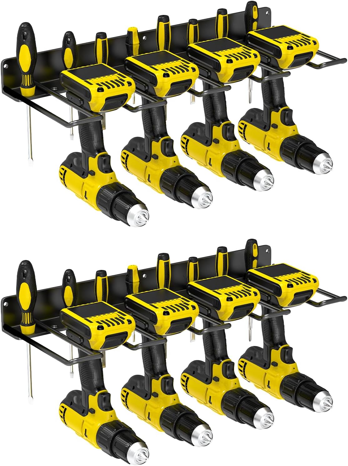 Drill Holder Wall Mount, Power Tool Organizer, Heavy Duty Metal Tool Storage with 8 Drill Racks for Garage Workshop Shed Pegboard Basement, 2 Pcs