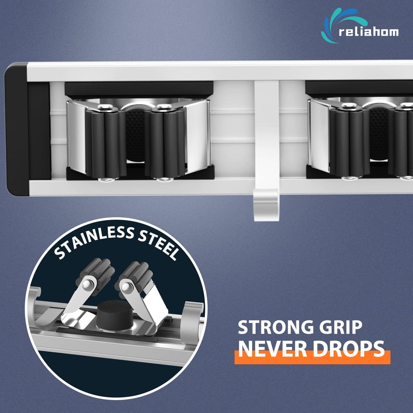 Broom Holder Wall Mount Mop and Broom Hanger Wall Mounted Garage Storage Rack Kitchen Garden Tool Organizer (5 Racks with 4 Hooks, Black)