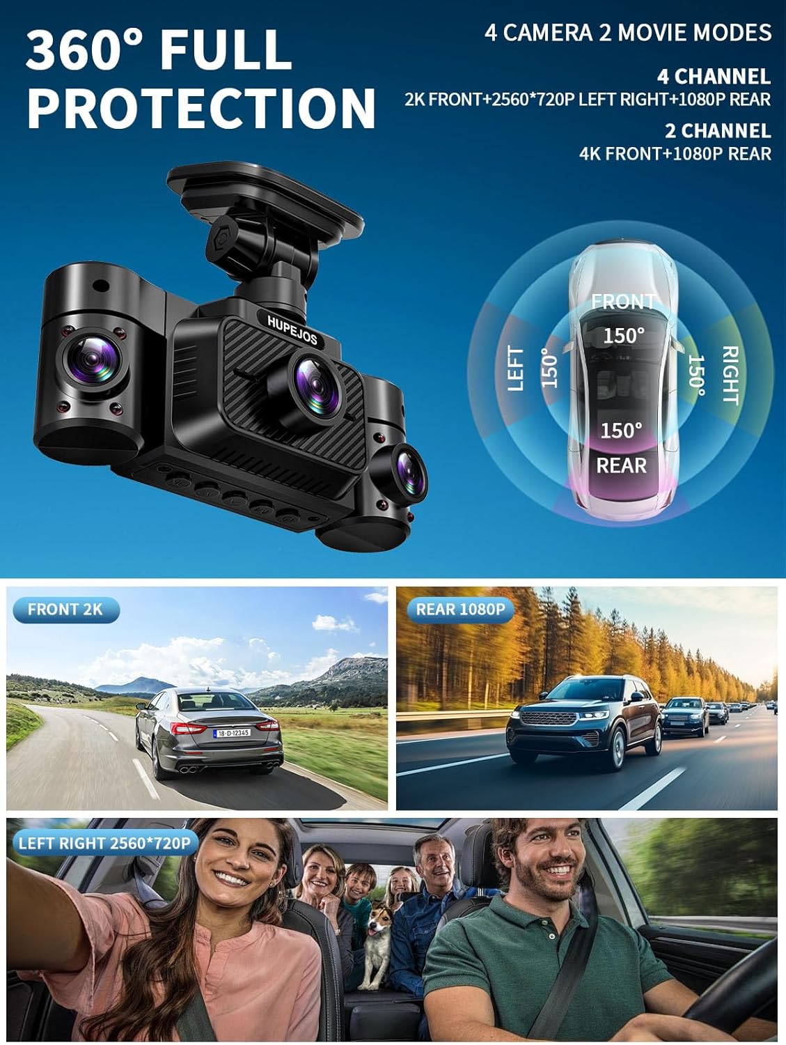Dash Cam Front and Rear Inside, 360° Dash Camera for Cars 4 Channel 4K/2K FHD Mini Dashcam, Car Camera Built-in WiFi GPS, with 64GB Card, Voice Control, Night Vision WDR/HDR,24/7 Parking Mode V50-4CH