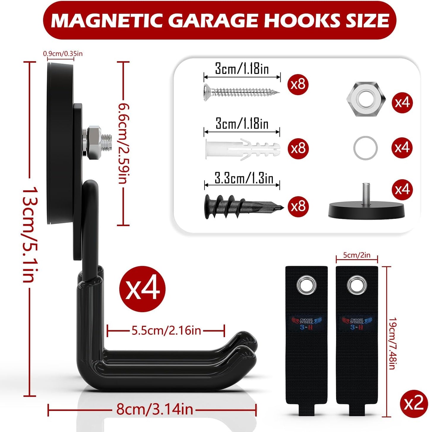 3-H Heavy Duty Magnet Garage Hooks 4 Pack, Large Strong Magnetic Hooks for Hanging Cordless Power Drill, Utility Magnetic Tool Holder for Metal Cabinet, Steel Pegboard, Toolbox, Garage(Black)