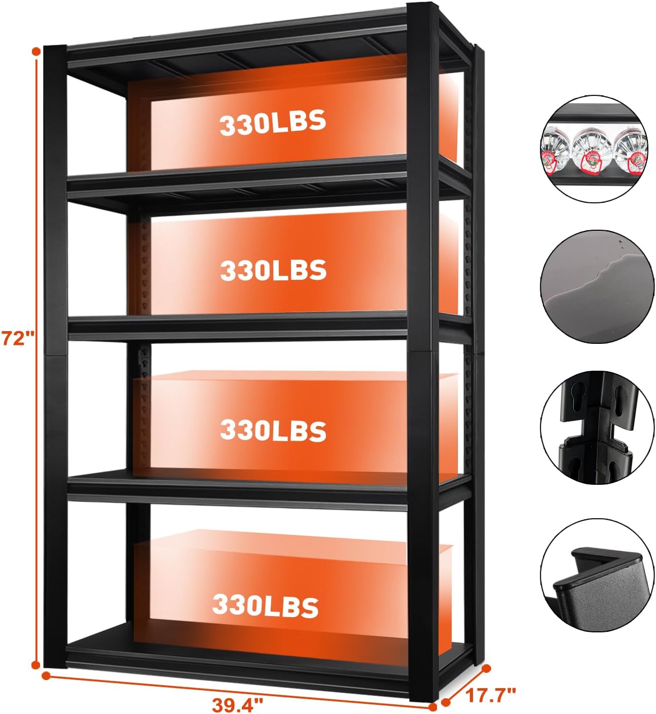 PACHIRA E-Commerce 72" Garage Shelving Heavy Duty, Wide Size Storage Shelves 5-Tier Large Metal Shelving Unit Adjustable Utility Rack for Garage, Pantry, 39.4" W x 17.7" D x 72" H