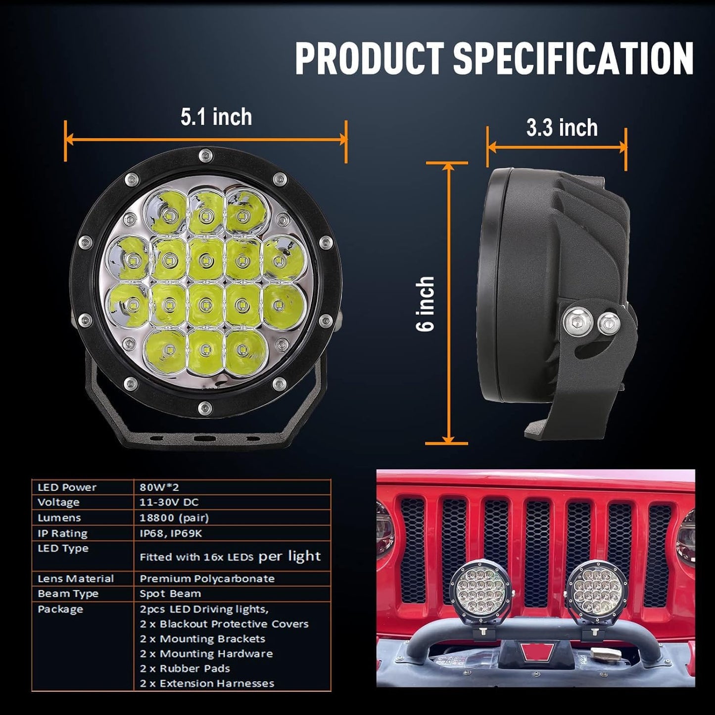 BIGLION.X Pair 160w 5 Inch Round Led Offroad Driving Lights Fog Lights 18800LM Offroad Spot Light Driving Light Pods Light Bar with Wiring Harness 12V 24V for Car Trucks SUV UTV ATV