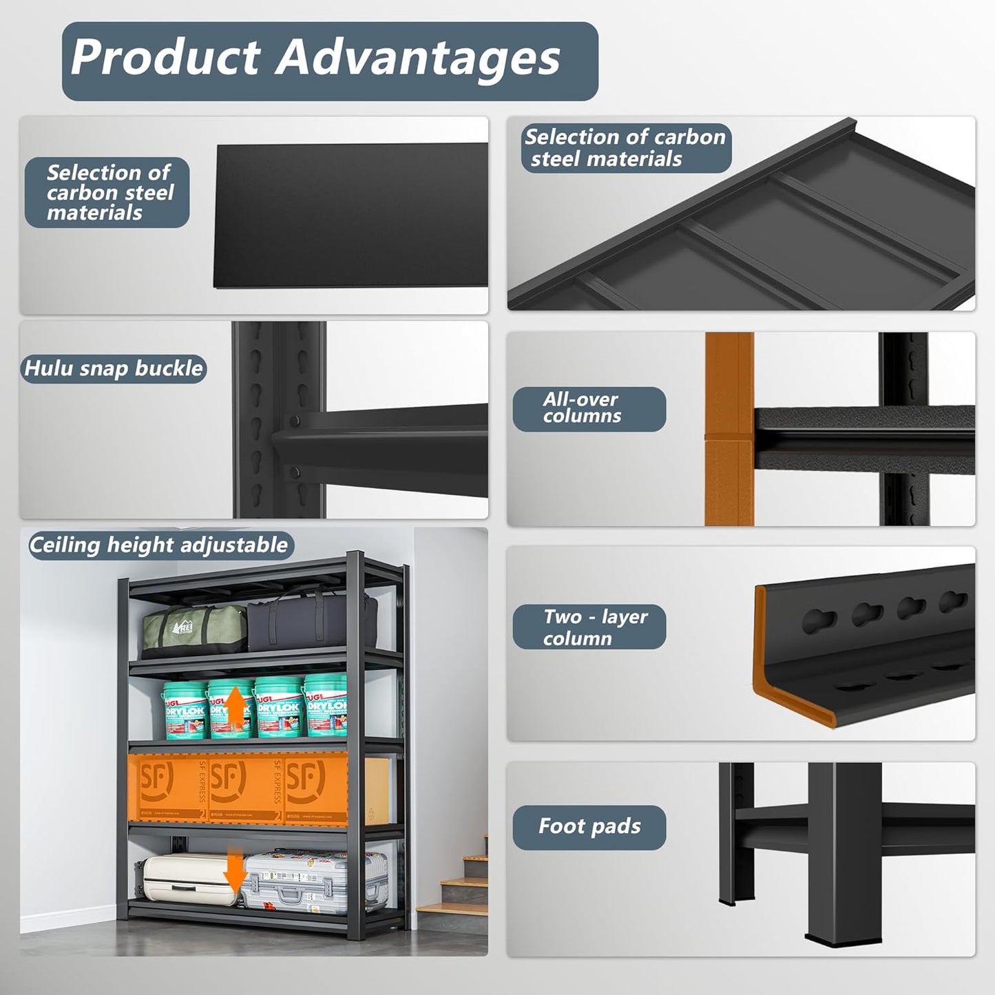 【Industrial Metal Adjustable Storage Shelving Units】Heavy Duty Steel Wire Rack for Garage, Basement, Shed & Kitchen - Standing Organizer Shelf with Black Finish - Tool Pantry Utility Storage Solution