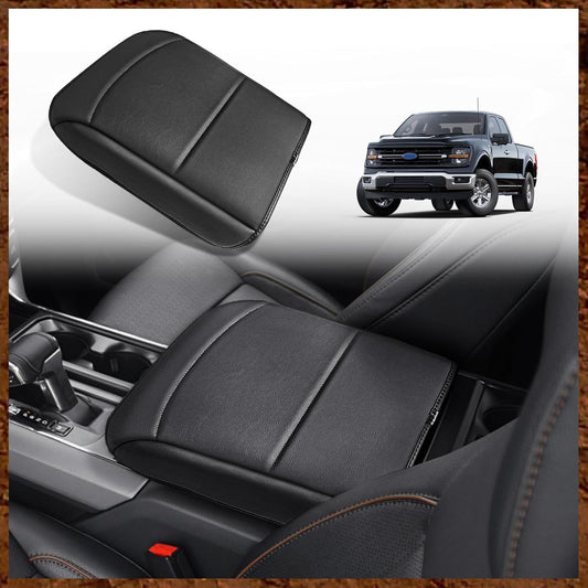 Muslogy Center Console Armrest Cover Compatible with Ford F150 2021-2024 2025 Comfort Armrest Pad Arm Rest Cushion Vegan Leather Protector Regular Thick(Bucket Seat ONLY)