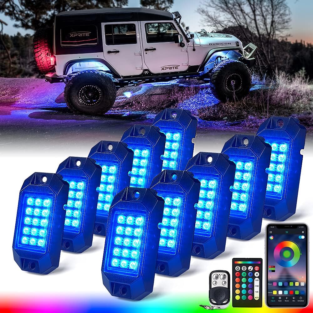 Xprite Bluetooth RGB LED Rock Lights Kit, Multicolor Neon Accent Music Flashing Lighting Underglow Kits with RF Controller for Off-Road, Trucks, Cars, UTV, ATV, SUV, RZR, Motorcycles, Boats - 10 PCS