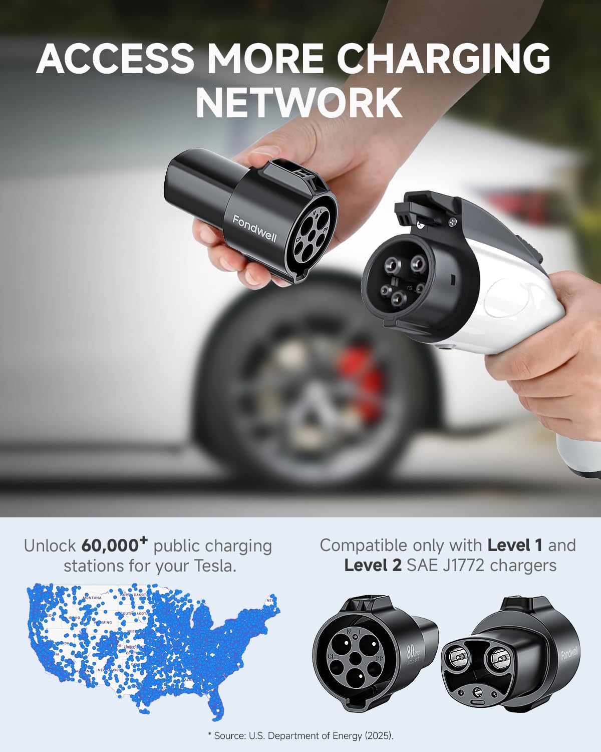 Fondwell J1772 to Tesla Charger Adapter: Compatible with Tesla Model Y/3/X/S/Cybertruck - Fast EV Charging Plug Adaptor with 250V 80Amp for Level 1 and Level 2 Chargers (Black)