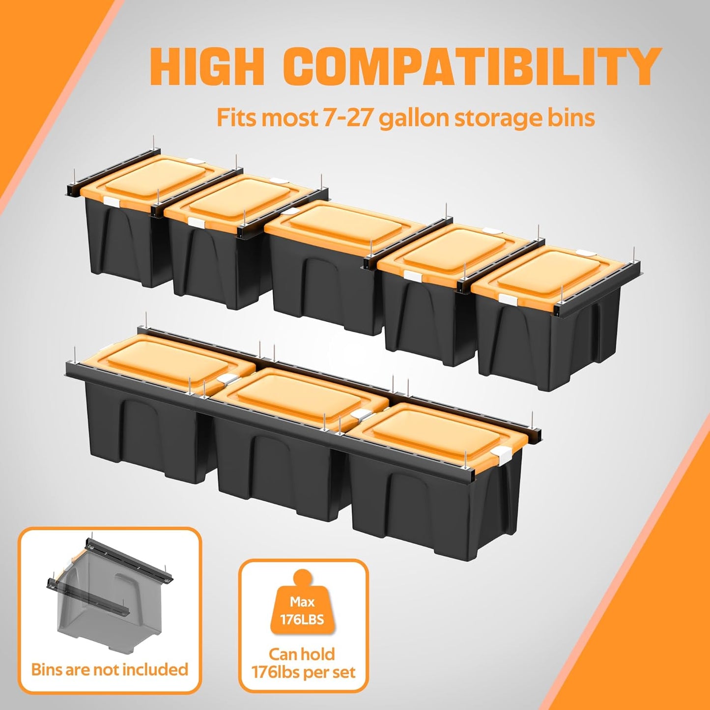 Ultrawall Overhead Garage Storage Rack, Heavy Duty Ceiling Storage Rack, 26 Inch Adjustable Ceiling Bin Storage System, 6 Sets for 5 Bins