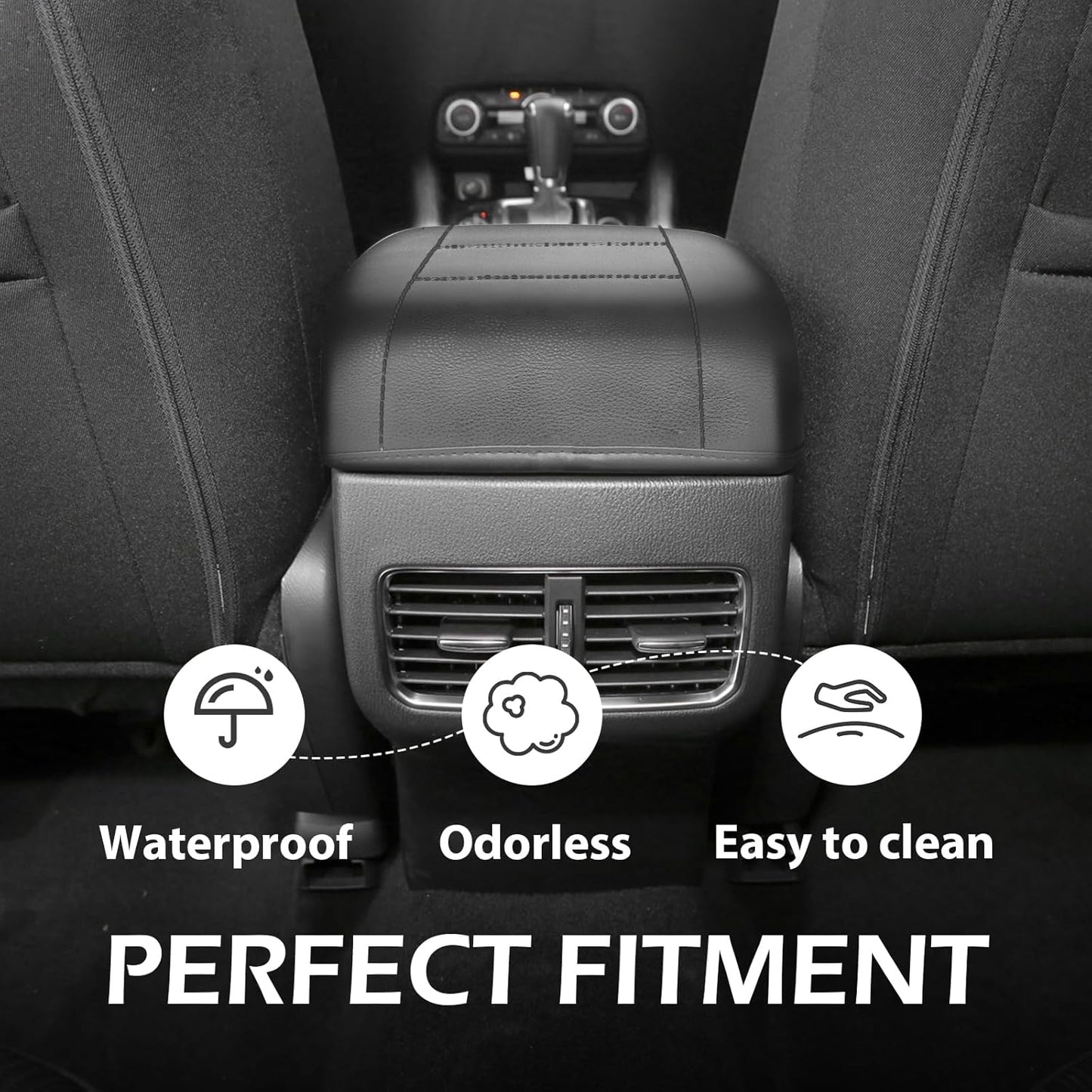 Muslogy Armrest Pad Center Console Cover Compatible with Mazda CX-5 2025 2024 2023-2017 CX5 Accessories Middle Console Cover Cushion Vegan Leather Armrest Lid Protector (Black/Black Stitching)