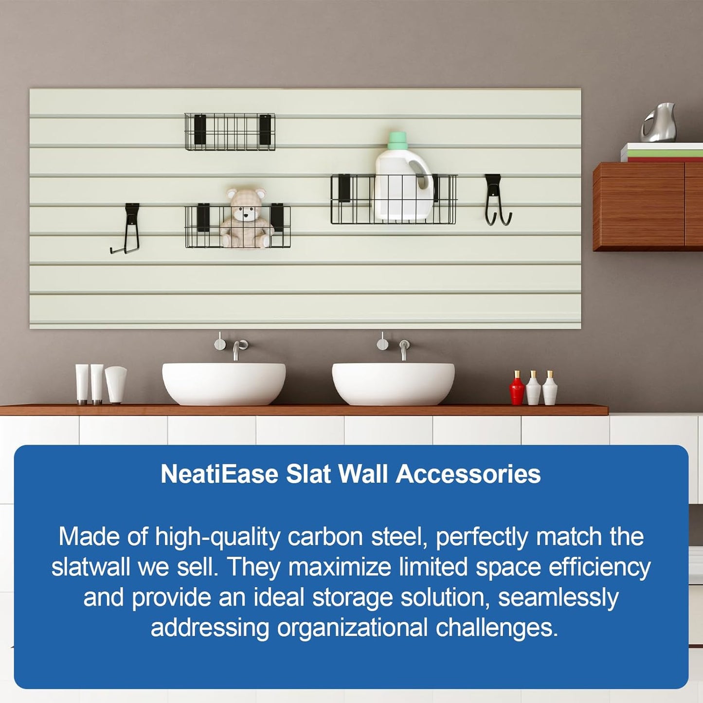 NeatiEase 29 PCS Slatwall Accessories Kit for Garage Rooms Shops Storage, Slat Wall Accessory Includes 3 Pack Slatwall Baskets Set and 26 PCS Multisized Heavy Duty Slatwall Hooks