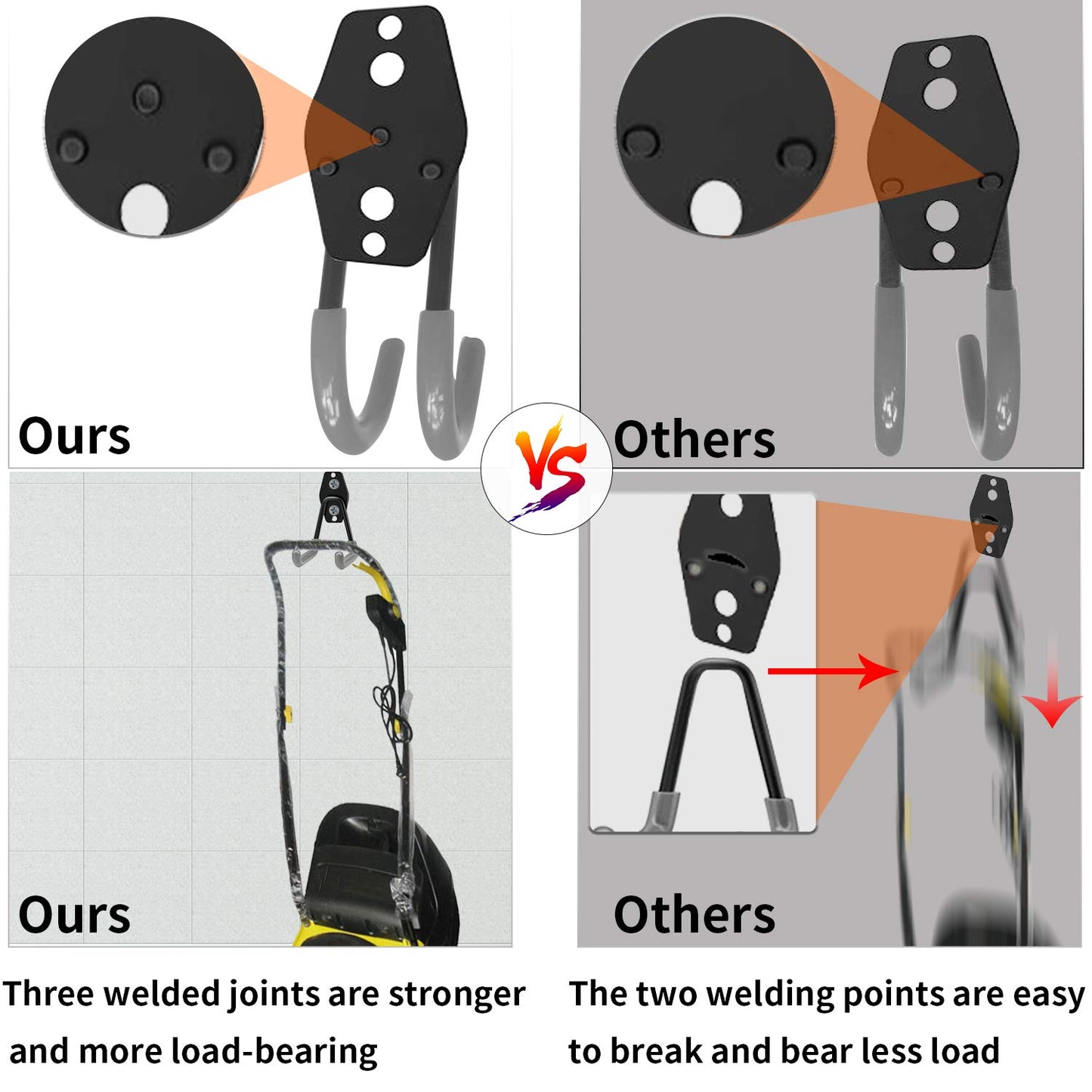 3-H Garage Wall Hooks 10 Pack, Heavy Duty Garage Hooks with Extra Welding Spots, Wall Mount Storage Organizer for Hanging Garden Lawn Tools, Chair, Shovel, Blower, Toolkit (Grey)