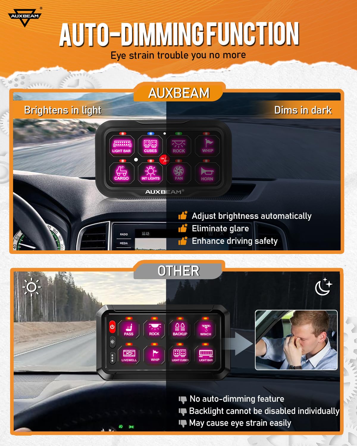 Auxbeam 8 Gang Switch Panel AR-820 Bluetooth RGB Switch Pod Automatic Dimmable Multifunction Switch w/Toggle Momentary Pulsed Control Panel for UTV ATV Truck Car RV Boat Waterproof 2 Years Warranty