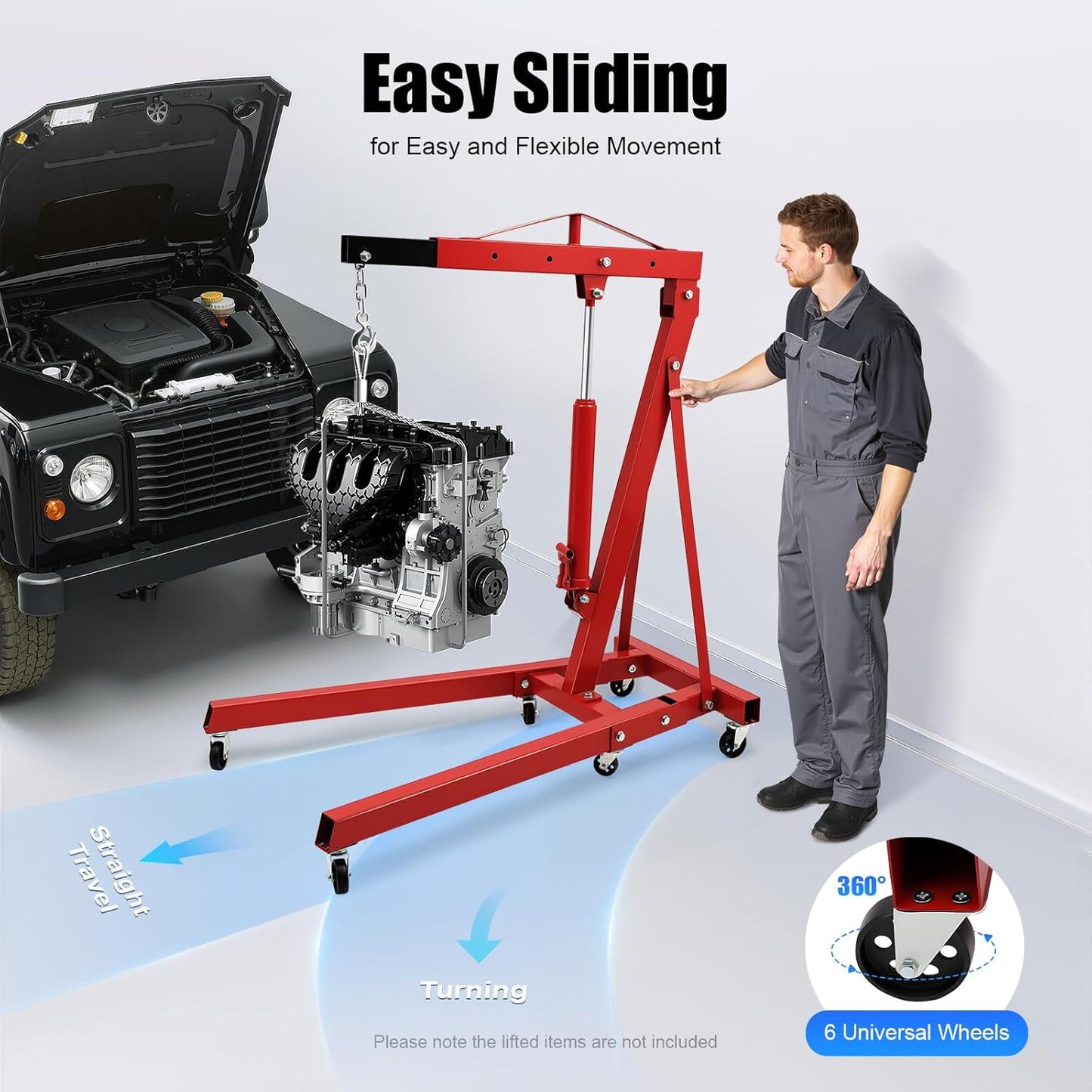 2 Ton Engine Hoist, Folding Hydraulic Engine Crane Red, Heavy Duty Cherry Picker Engine Crane, Four Adjustable Positions, Adjustable Load Arm & 6 Iron Caster Wheels for Garage, Workshop