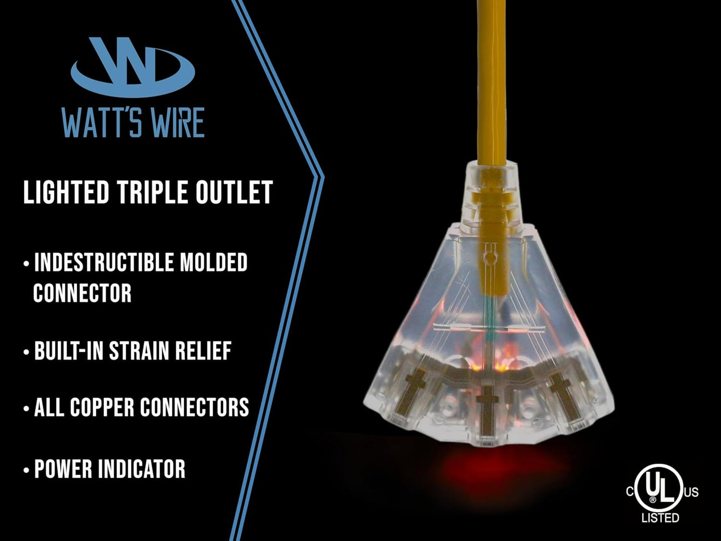 25 ft - 12 Gauge Heavy Duty Extension Cord - 3 Outlet Lighted SJTW - Indoor/Outdoor Extension_Cord by Watt's Wire - 25' 12-Gauge Grounded 15 Amp ExtensionCord