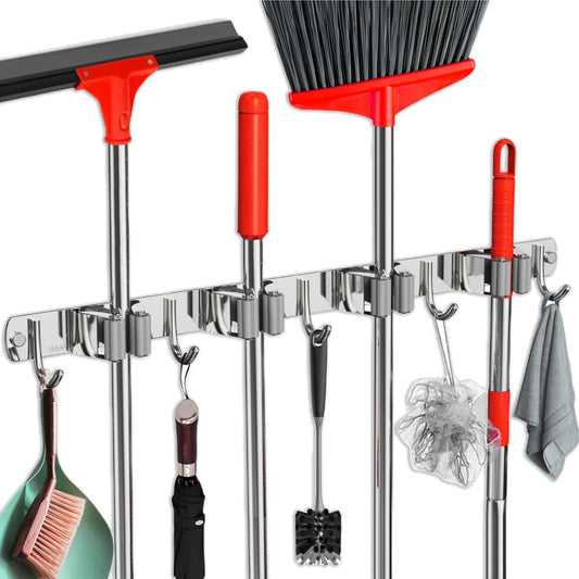 Mop and Broom Holder Wall Mount, Upgraded Broom Hanger Wall Mount, Stainless Steel Broom Organizer for Closet Garage Laundry Room Kitchen Wall Decor(4Racks 5Hooks Silver)