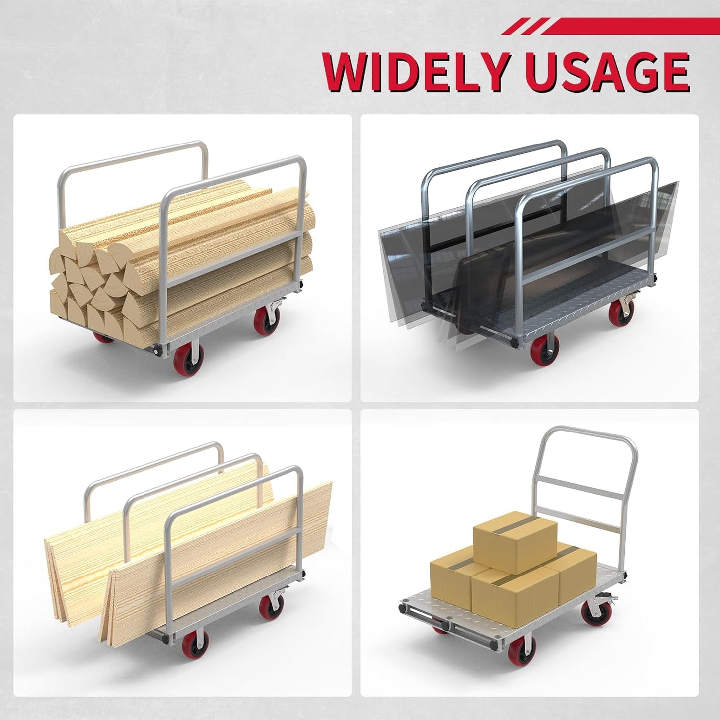 2IN1 Steel Panel Truck Cart, Lumber Cart Drywall Dolly，2500LBS Heavy Duty Flatbed Cart Dolly with 6" Swivel Brake Wheels, 40x24INCH 2MM Plate Platform Truck with 1Front and 3Side Handrails