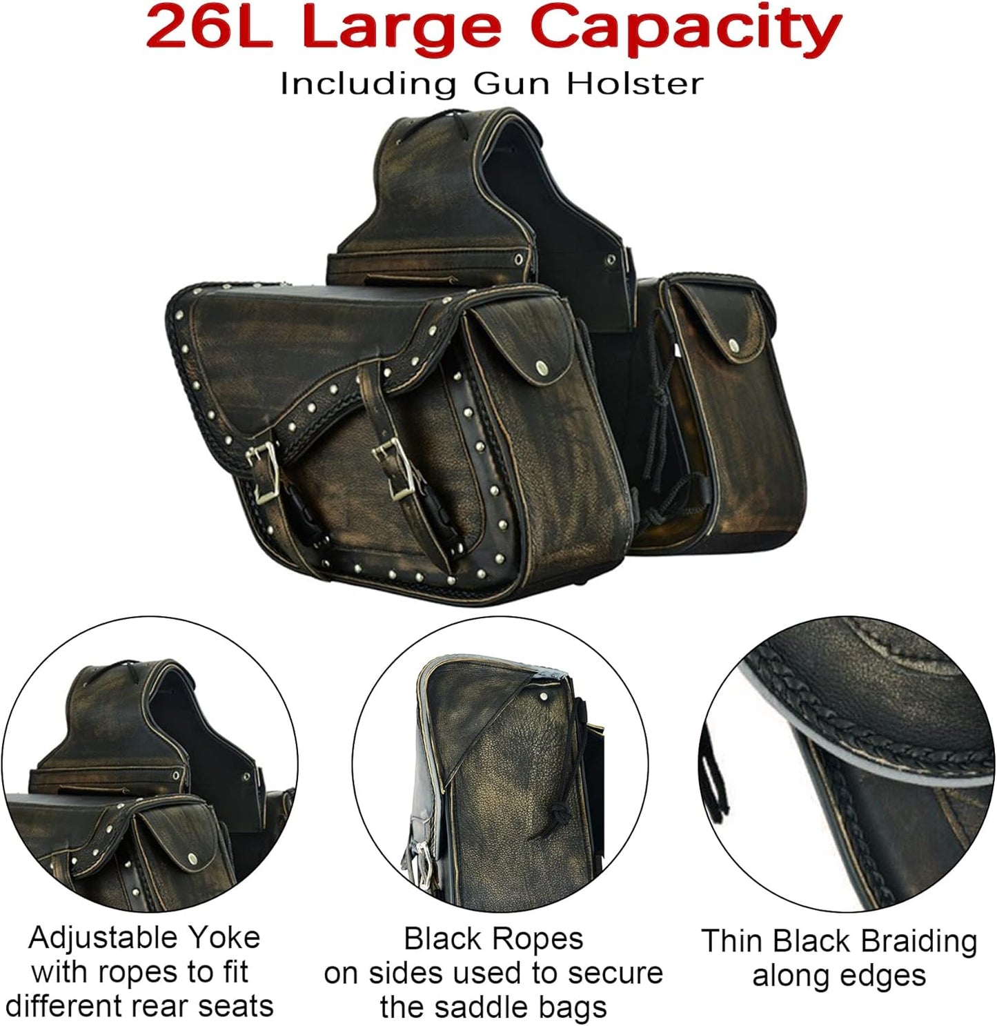 Dream Apparel Naked Cowhide Leather Motorcycle Saddle Bags Studded Throw Over Saddlebags, Motorcycle Side Bags for Honda Shadow Sportster Softail Dyna V-star (Distressed Brown, With Studs)