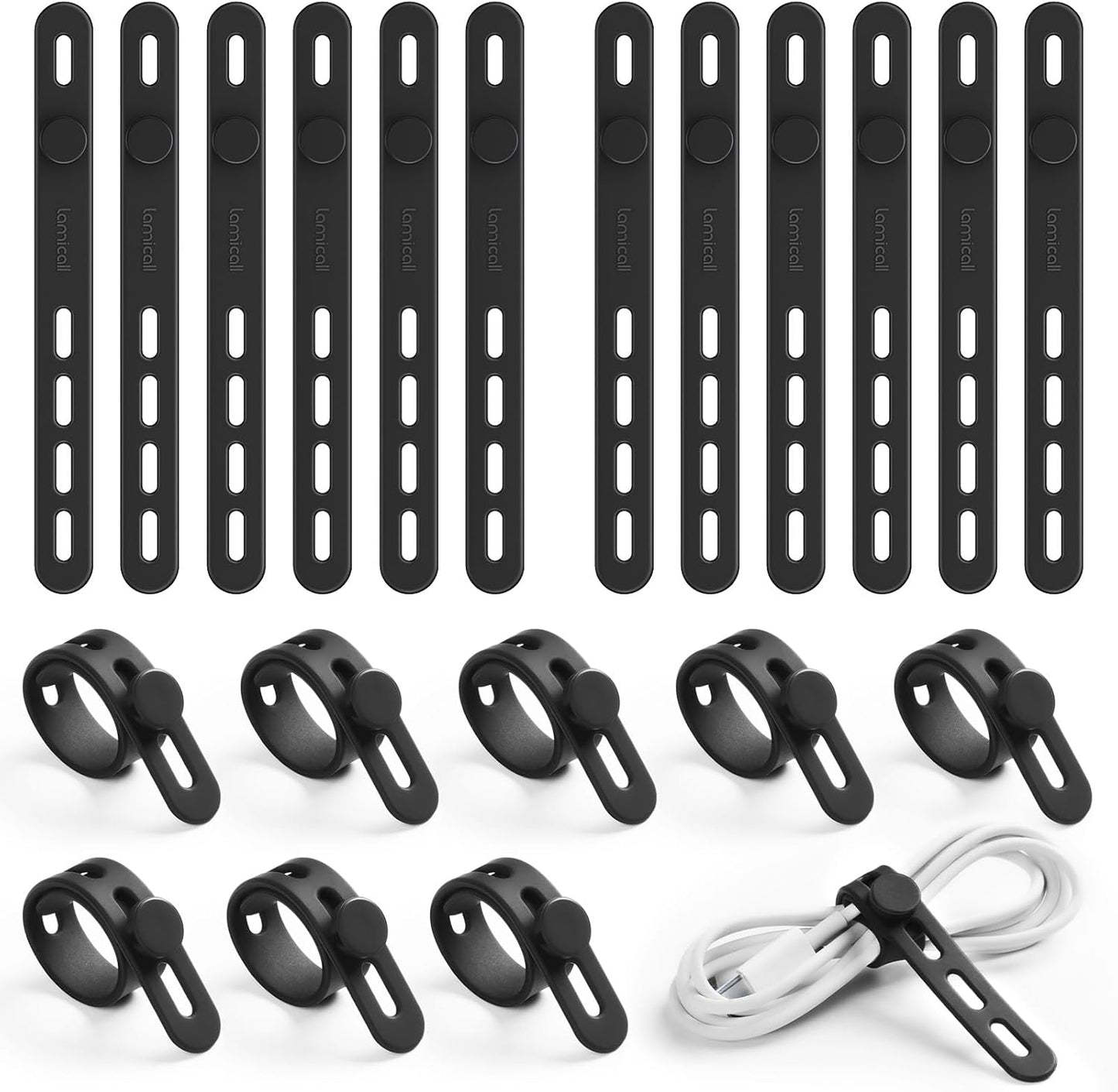 20Pack Silicone Cable Ties Cord Organizer Wrap - Lamicall Reusable Washable Wire Ties Management with Lock Buckle, Elastic Adjustable Charger Cable Strap, Electrical Cord Keeper for Travel Essentials