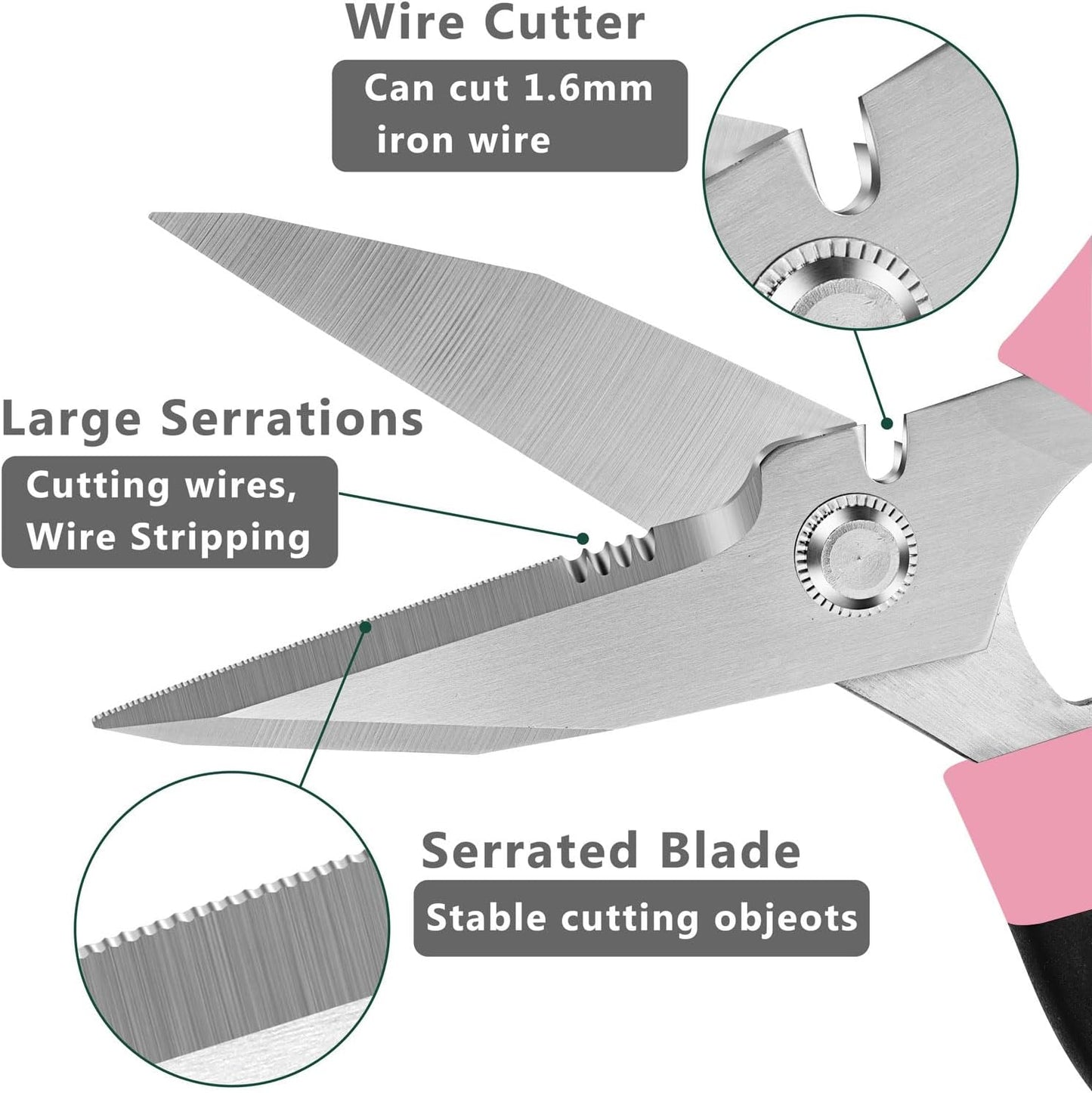 Heavy Duty Scissors Multipurpose - Sharp Utility Scissors All Purpose, Easy Cutting Carpet, Cardboard, Wires, Leather, Fabric（8'' Pink）