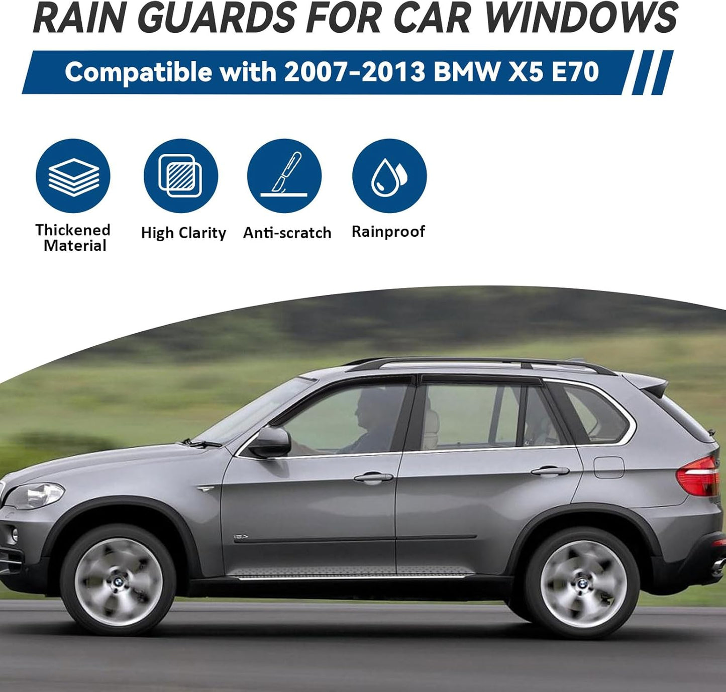 4pcs Front+Rear Smoke Tint Sun/Rain Guard Outside Mount Tape-On Vent Window Visors Compatible with 07-13 X5 E70