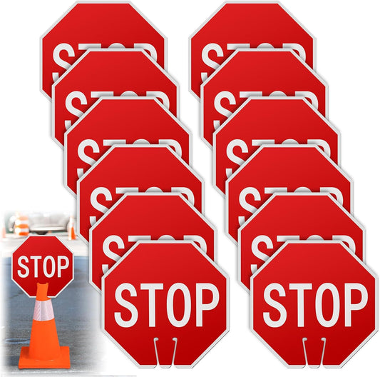 Geetery 12 Pcs Stop Signs 12 x 12 Inches PVC Traffic Cones Top Warning Signs Double Sided for Street Road Barricade Outdoor Weather Resistant Construction