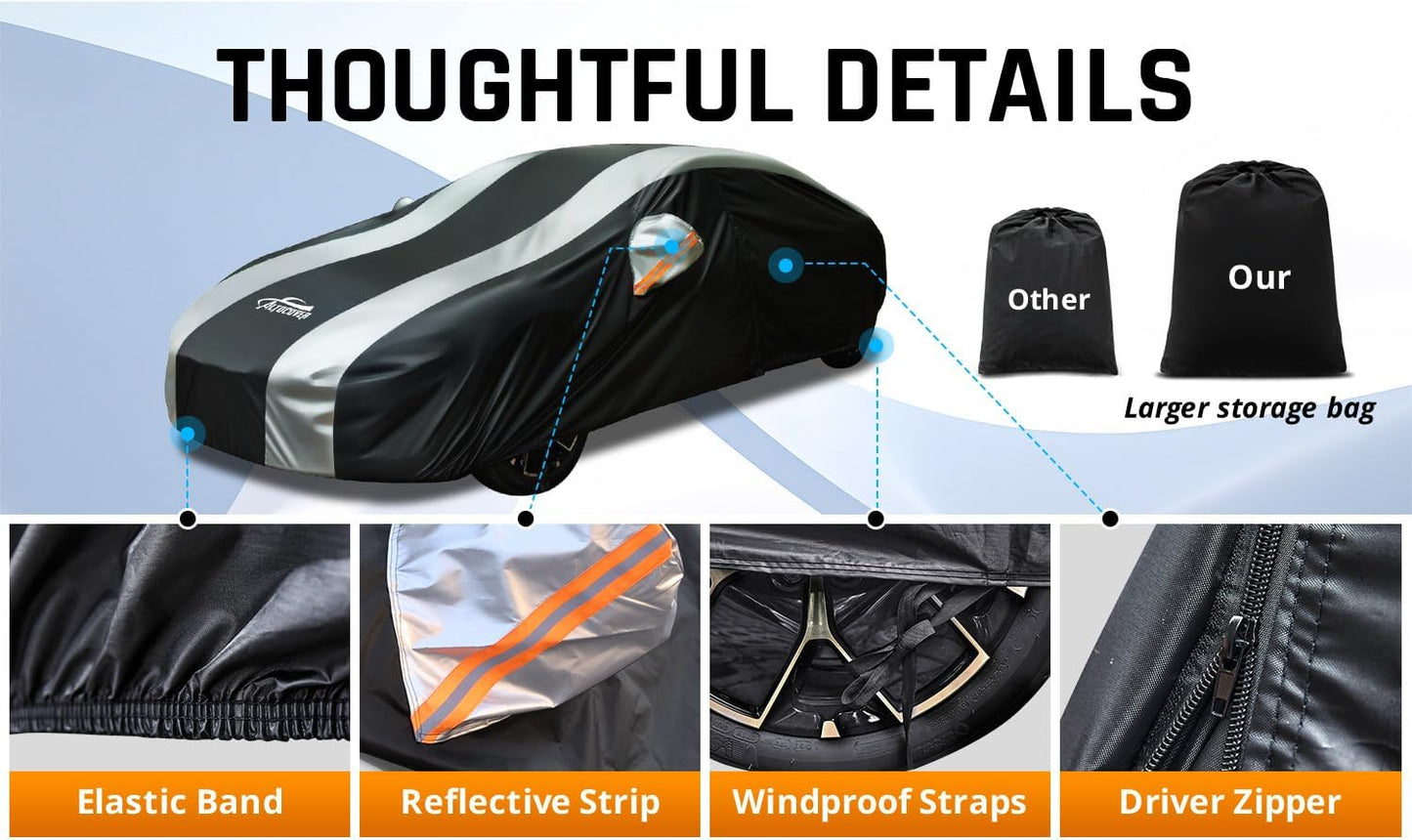 Small Car Cover Waterproof All Weather Protection with Silver Stripe Design,Universal Fit Nissan Versa, Hyundai Accent, Mazda MX-3 RX8, Subaru BRZ, Audi TT, Porsche 718 Boxster Cayman