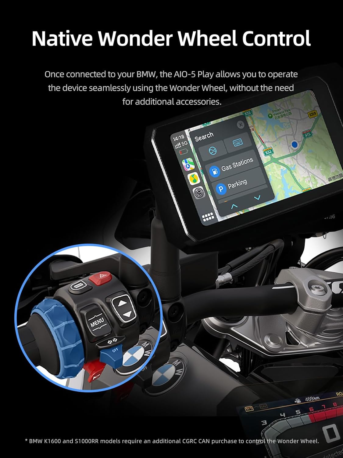 AIO-5 Play for BMW Motorcycles, 3-Pin Interface, Plug-and-Play Smart Display with CarPlay & Android Auto, 60FPS Mode, IP68 Waterproof, Built-in GPS, Anti-Theft Alarm, Data Reading