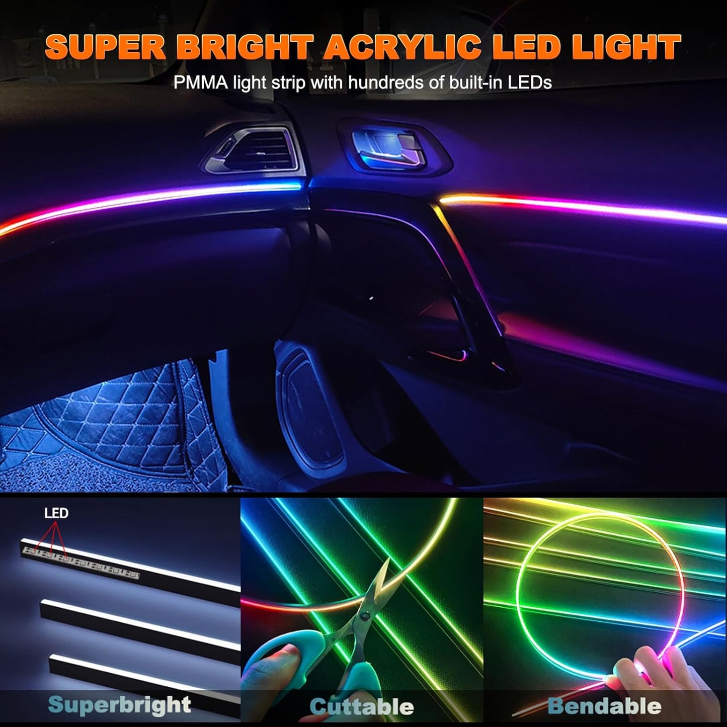 Acrylic LED Lights - Interior Car Ambient Lighting Kits with Dynamic Rainbow Dream Color Chasing, Music Sync (6 in 1(4 * 29.5+43.3+14.5 inches))