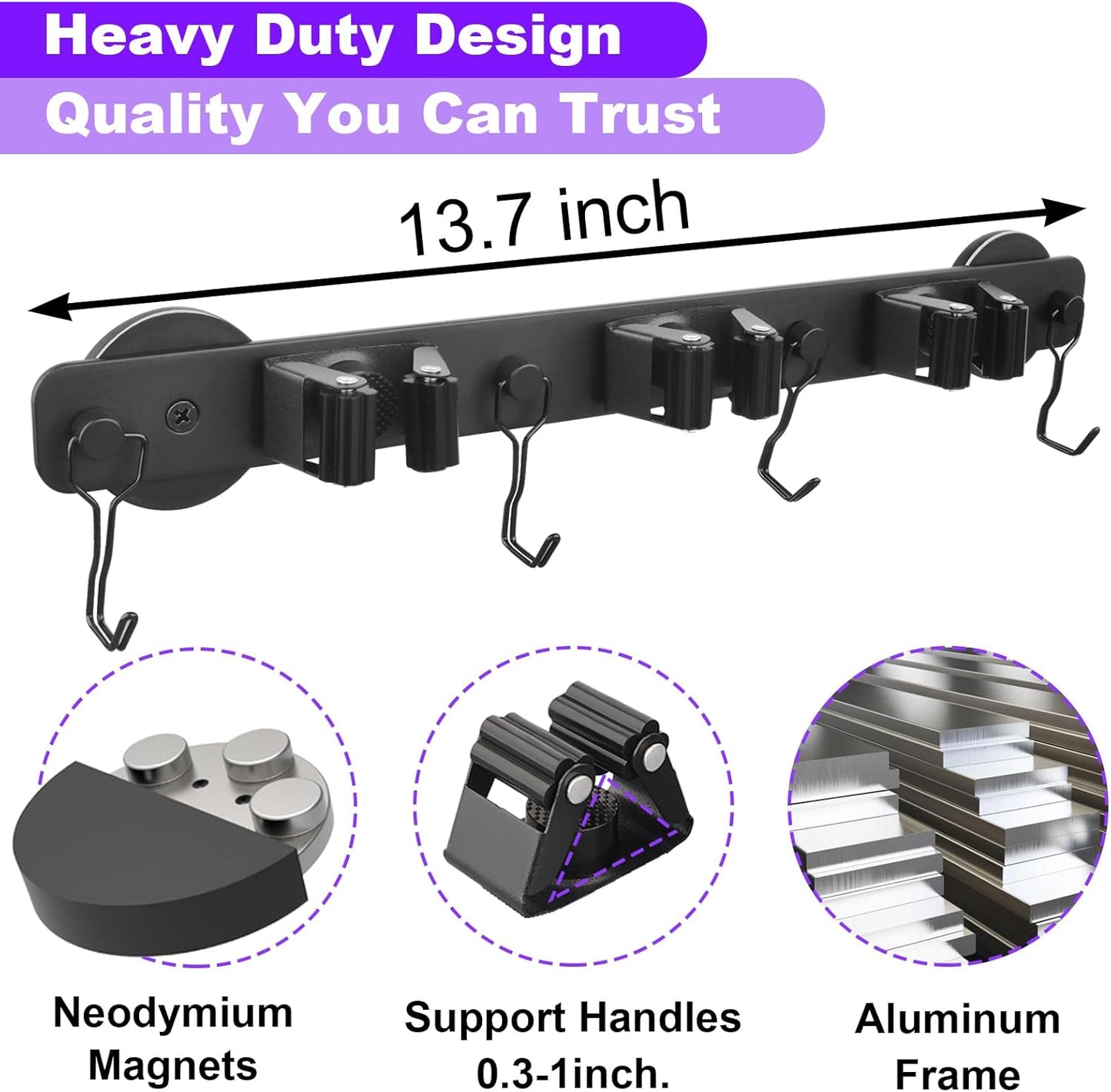 Magnetic Mop Broom Holder, Heavy Duty Magnetic Mop Hanger with Swivel Hooks for Cleaning Tools, Strong Magnet Mount Tool Hanger Organize System Utility Rack for Refrigerators Laundry Garage Kitchen