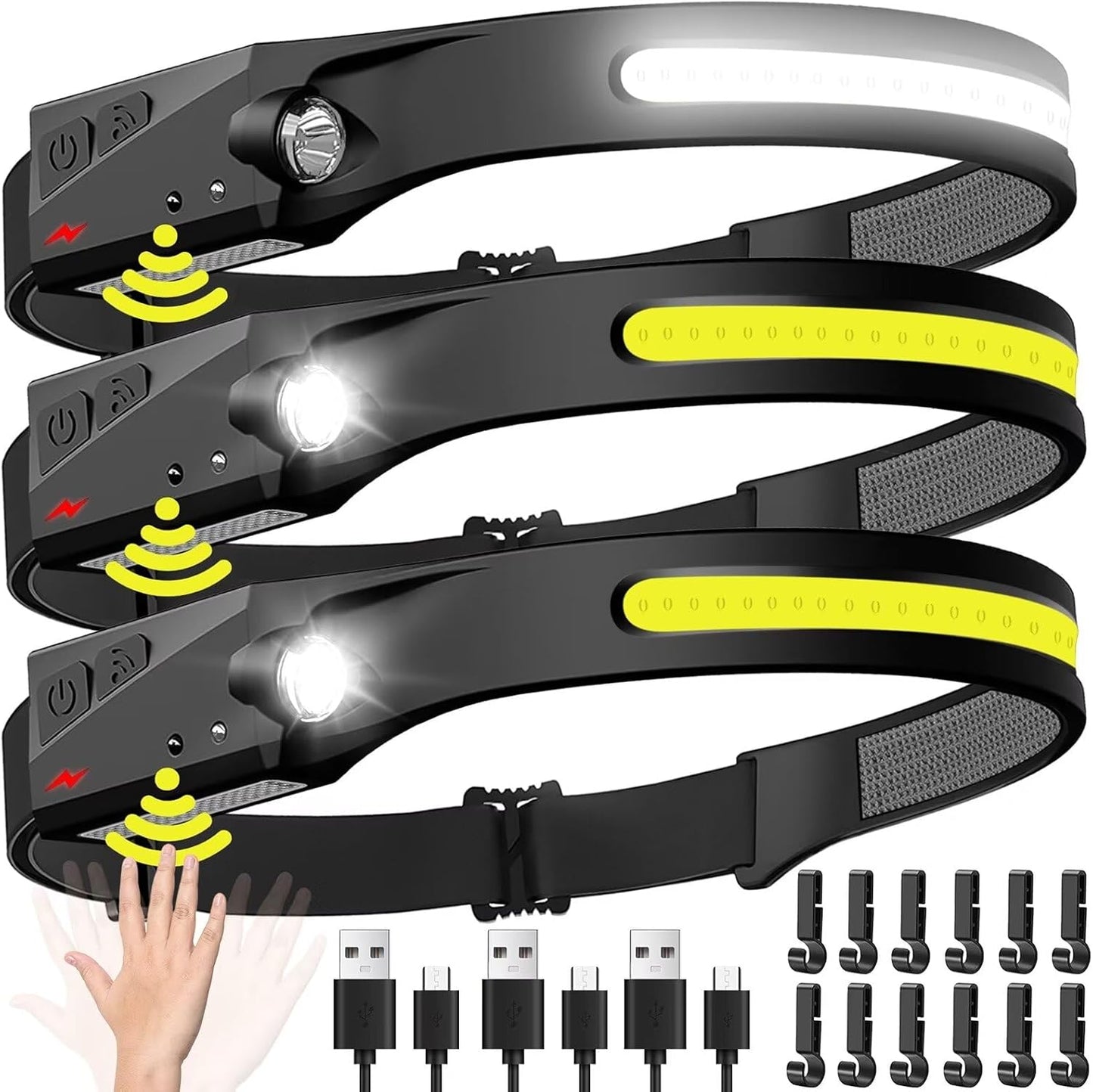 Headlamp Rechargeable 3PCS, 230° Wide Beam Head Lamp LED with Motion Sensor for Adults - Camping Accessories Gear, Waterproof Head Light Flashlight for Hiking, Running, Repairing, Fishing, Cycling