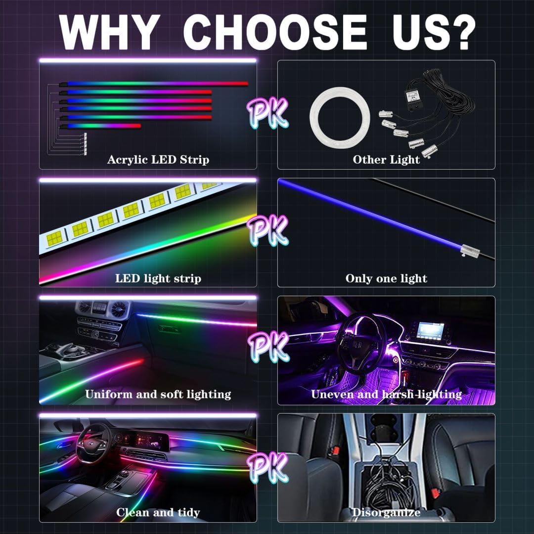 Dreamcolor Acrylic Interior Car Lights, WEBUPAR Car Accessories 6 in 1 Car LED Strip Lights with APP Control and 213 Modes, 175 inches 593 LEDs Fiber Optic Lights, RGB Neon Car Lighting