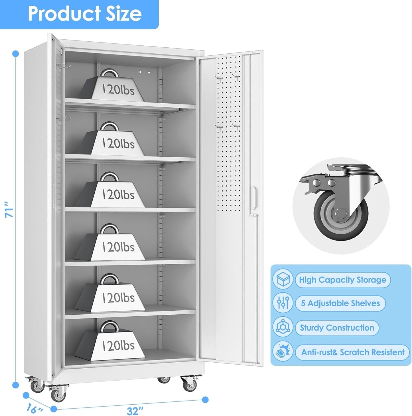 Garage Storage Cabinet with Pegboard and 5 Adjustable Shelves, 71'' x 32'' x 16''Metal Lockable Cabinet with Magnetic Doors,Tool Storage,Home Office Garage,Gym,School(White)
