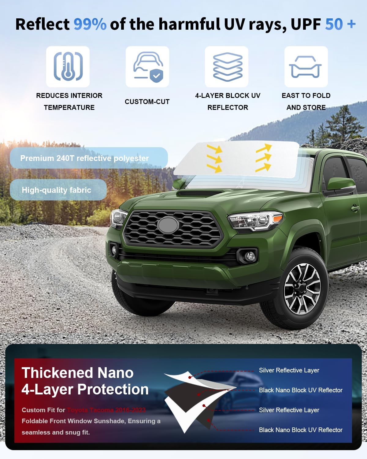for Toyota Tacoma Windshield Sun Shade 2016-2021 2022 2023 2024 2025 2026 Toyota Tacoma 2Dr 4Dr Pickup UV Reflector Thicken 4-Layer Foldable Sunshade Protector for Tacoma Interior Accessories