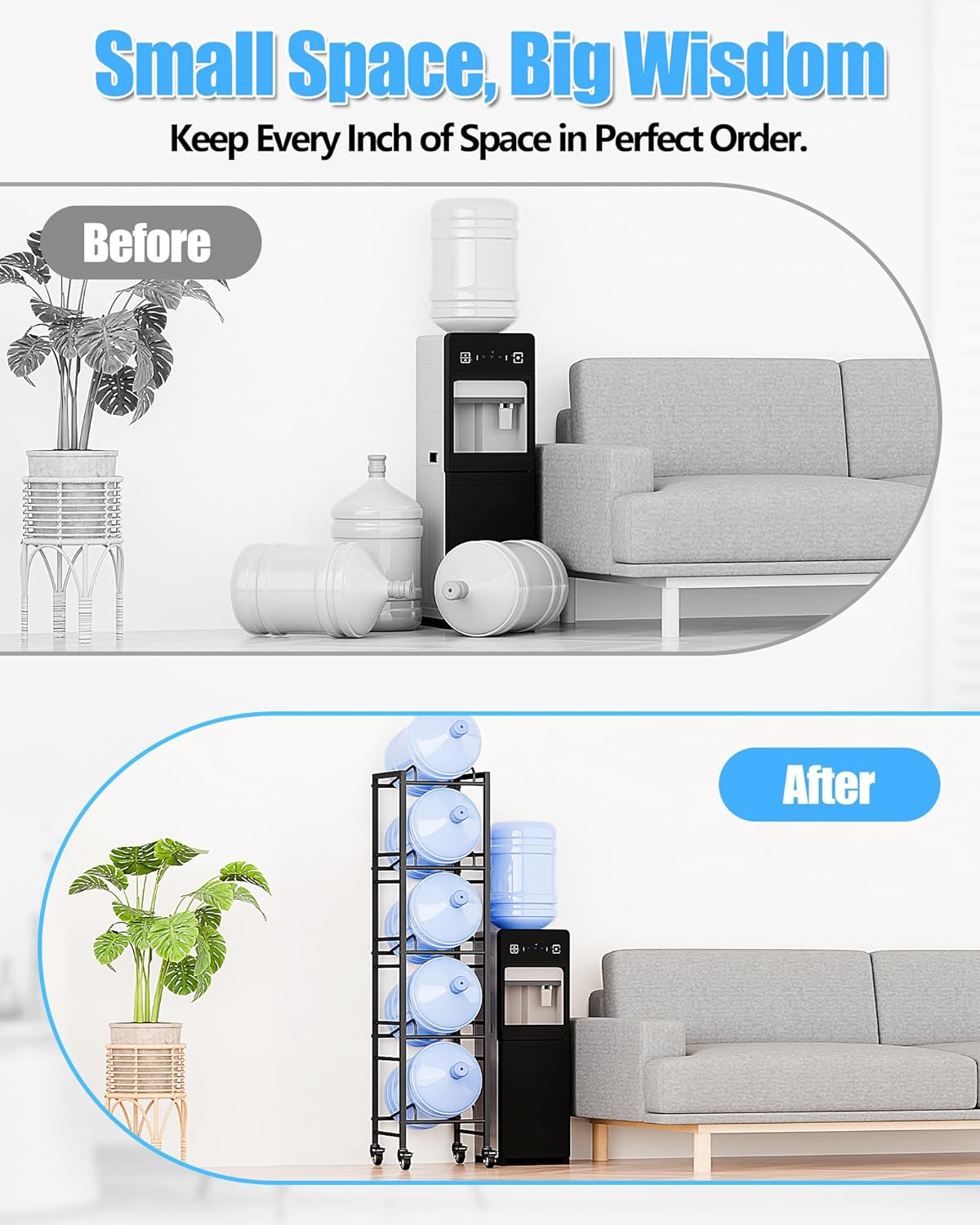 5 Gallon Water Jug Holder, Movable 5 Tier Heavy Duty Water Rack with 4 Wheels, Rack for Water Jug Storage, Space Saving Water Stand for Five 5 Gallon Water Jugs, Black