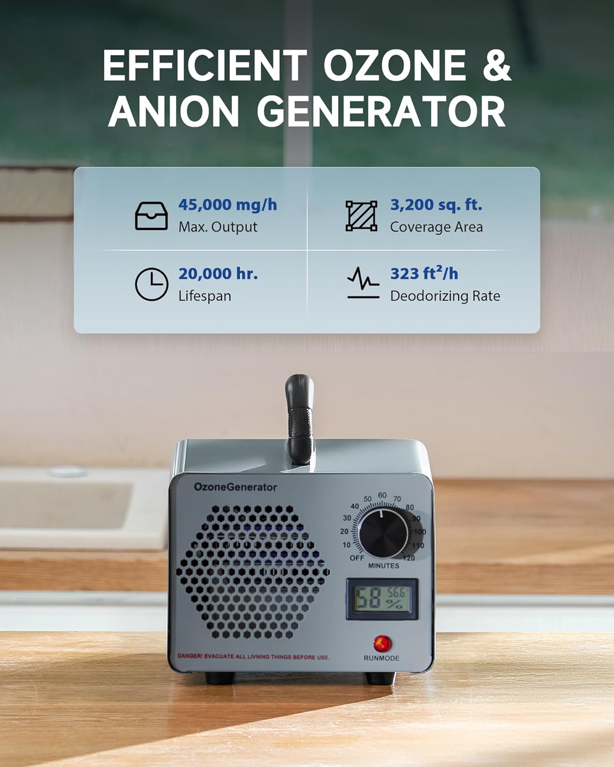 CREWORKS Ozone Odor Machine, Commercial Ozone Generator Air Purifier with Timer Display, 60000 mg/h Ozone Machine for Car Home Smoke Pet Odor Removal, High Capacity for 3200 sq ft Room, Silver