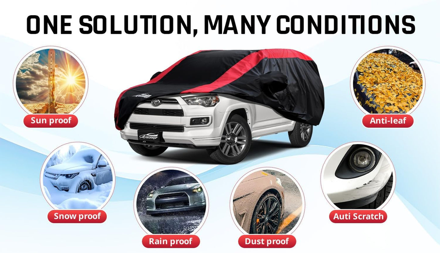 Toyota 4Runner Car Cover Waterproof All Weather with Red Strip Design, Custom Fit for Toyota 4Runner 2003–2025, 4Runner Accessory with Door Zipper & Windproof Straps