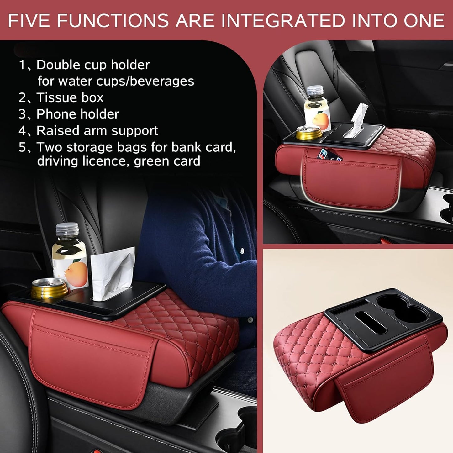 5 in 1 Car Armrest Storage Box for Center Console, Armrest Cushion Cover for Car with 2 Cup Holders Storage Bags, Tissue Box, Phone Slot, Premium Memory Foam with Nappa Leather, 14.2*7.9*2.8in (Red)