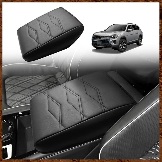 Muslogy for 2024 2025 Atlas & Cross Sport Center Console Pad Armrest Cover Protector Vegan Leather Extra Soft Armrest Box Lid Pad Compatible with Volkswagen Atlas/Cross Sport Accessories (V1_Black)