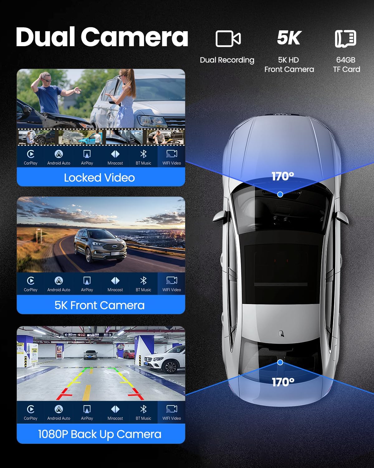 Wireless Carplay Screen for Car with 5K Dash Cam, 9" Portable Apple CarPlay & Android Auto Car Stereo with 1080p Backup Camera, Bluetooth/GPS Navigation/Voice Control/Mirror Link