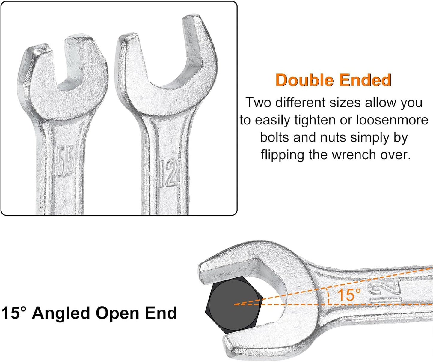 HARFINGTON Double Open End Wrench 10mm x 15mm Metric 15 Degree Offset Angle Small Flat Head Wrench Galvanizing Open Ended Spanner for Automotive Repair Furniture Assembly