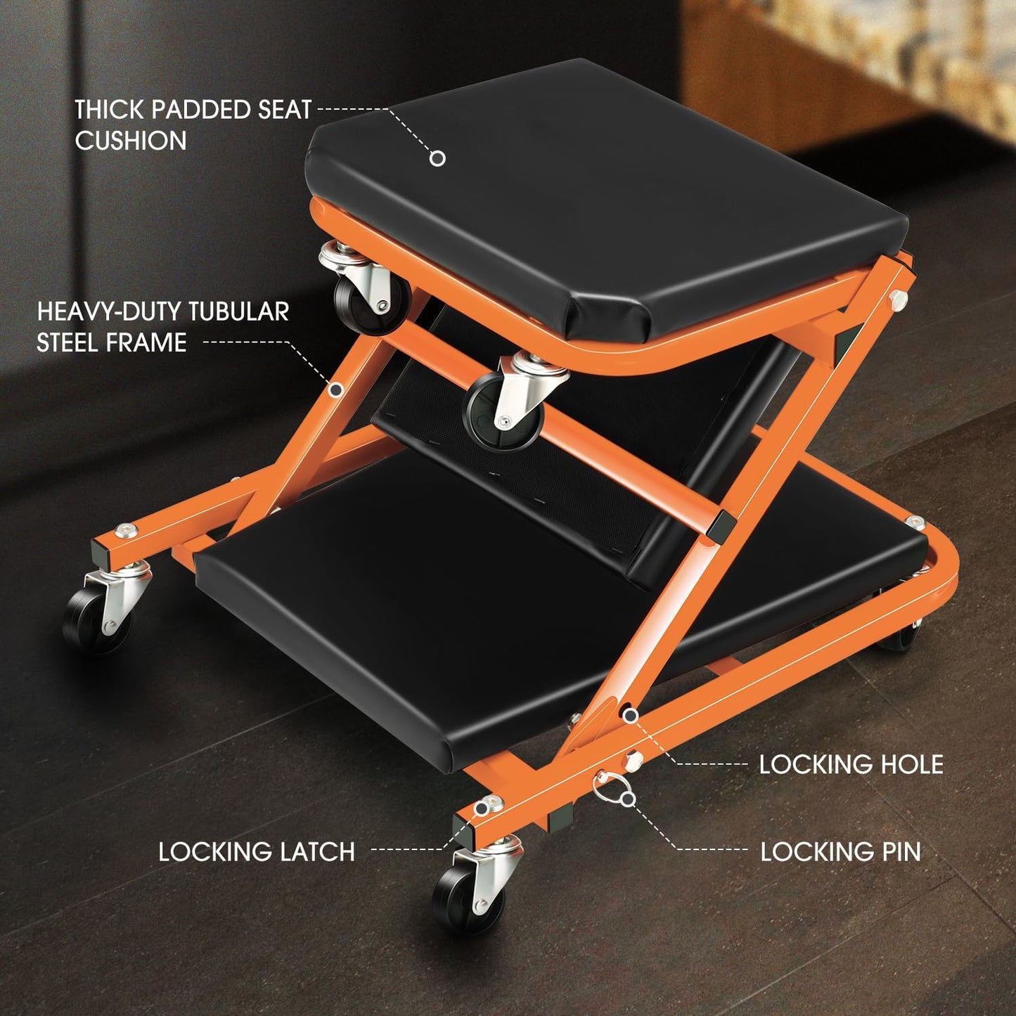 DNA MOTORING 36 Inches 2 IN 1 Rolling Folding Car Creeper/Seat, 6 Pcs 2" Casters, 150kg Weight Capacity, Orange, TOOLS-00185-OG