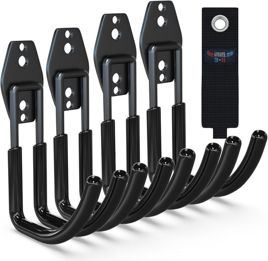 3-H Garden Hose Holder Wall Mount 4 Pack,Solid Steel Hose Hanger,Water Hose Holders for Outside,Perfect for Hanging Outdoor Air Hose,Ropes,Pipes,Garden Tools,Ladders,Bikes,Bulk Items(Black)