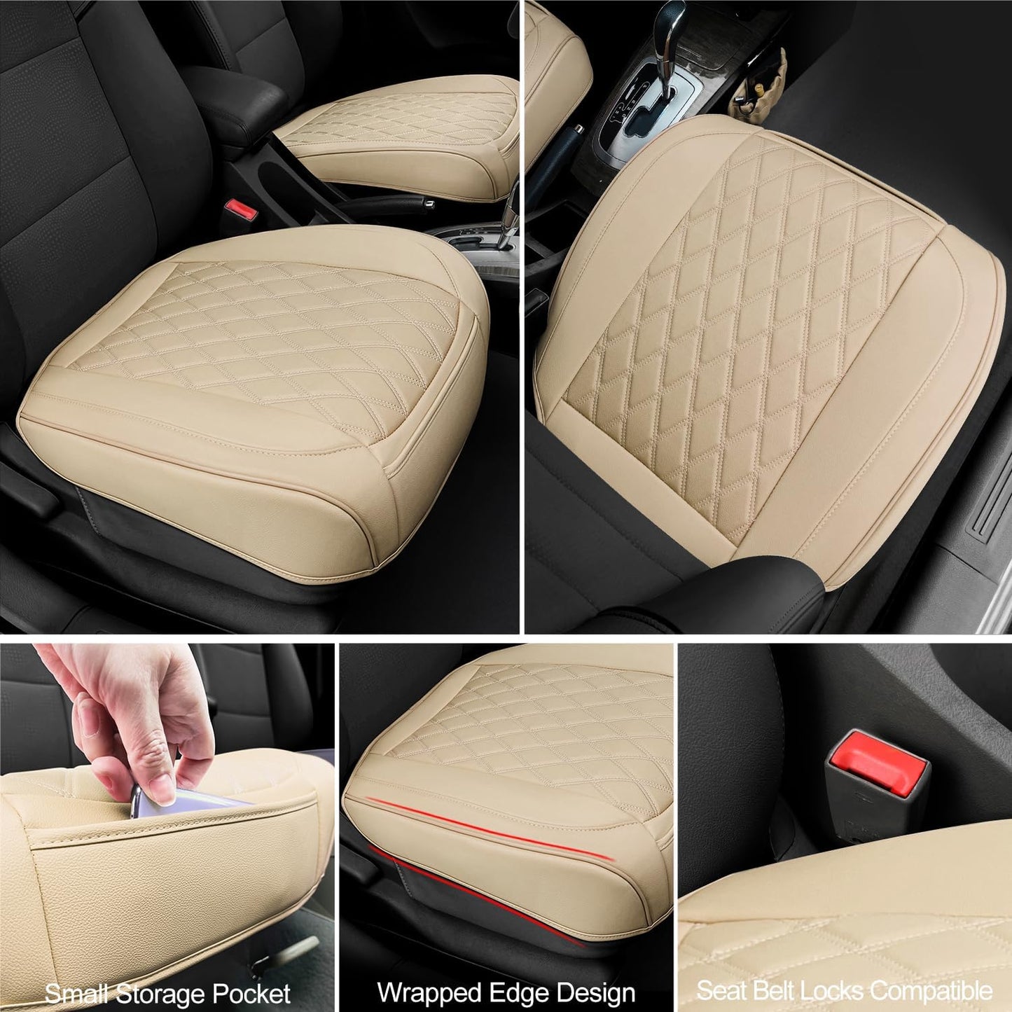 2 Pack Leather Front Car Seat Cover Bottom Car Seat, Anti-Slip and Full Wrap Driver Car Seat Protectors with Storage Pocket, Luxury Waterproof Bottom Auto Seat Cushion Pad Mat for Most Vehicles(Beige)