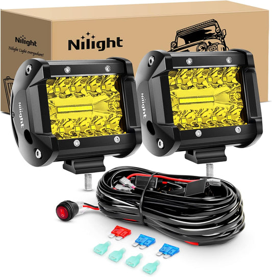 Nilight 2PC 4Inch Yellow Led Pods Triple Row 60W Flood Spot Combo Driving Fog Lights with 16AWG Switch Wiring Harness Kit-2 Leads for Offroad Pickup Trucks ATV UTV SUV, 2 Years Warranty