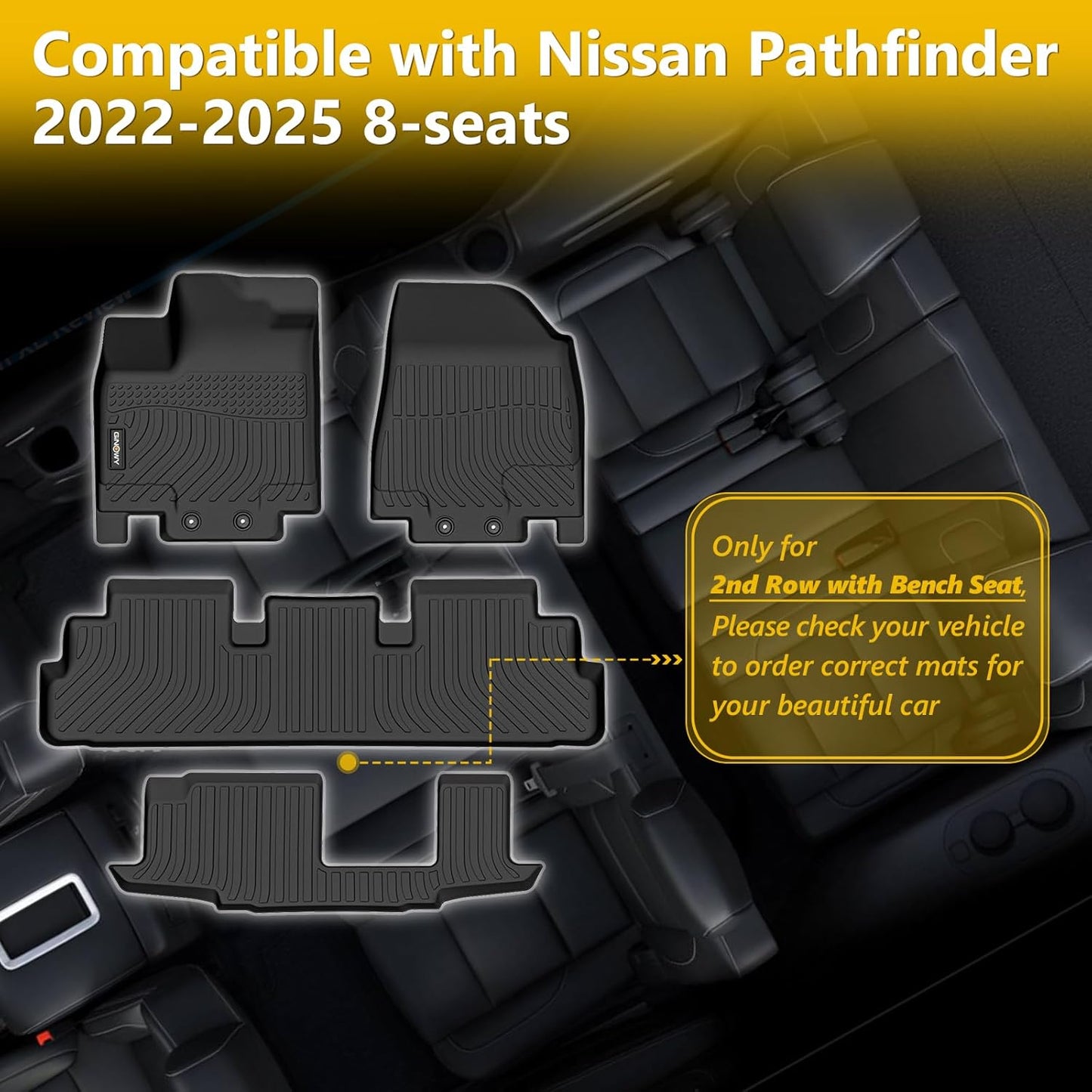 GINOWY-Floor Mats & Cargo Liner for Nissan Pathfinder 2022-2025(8 Passenger), TPE All Weather Car Floor Mats Pathfinder Floor Liners Accessories Black