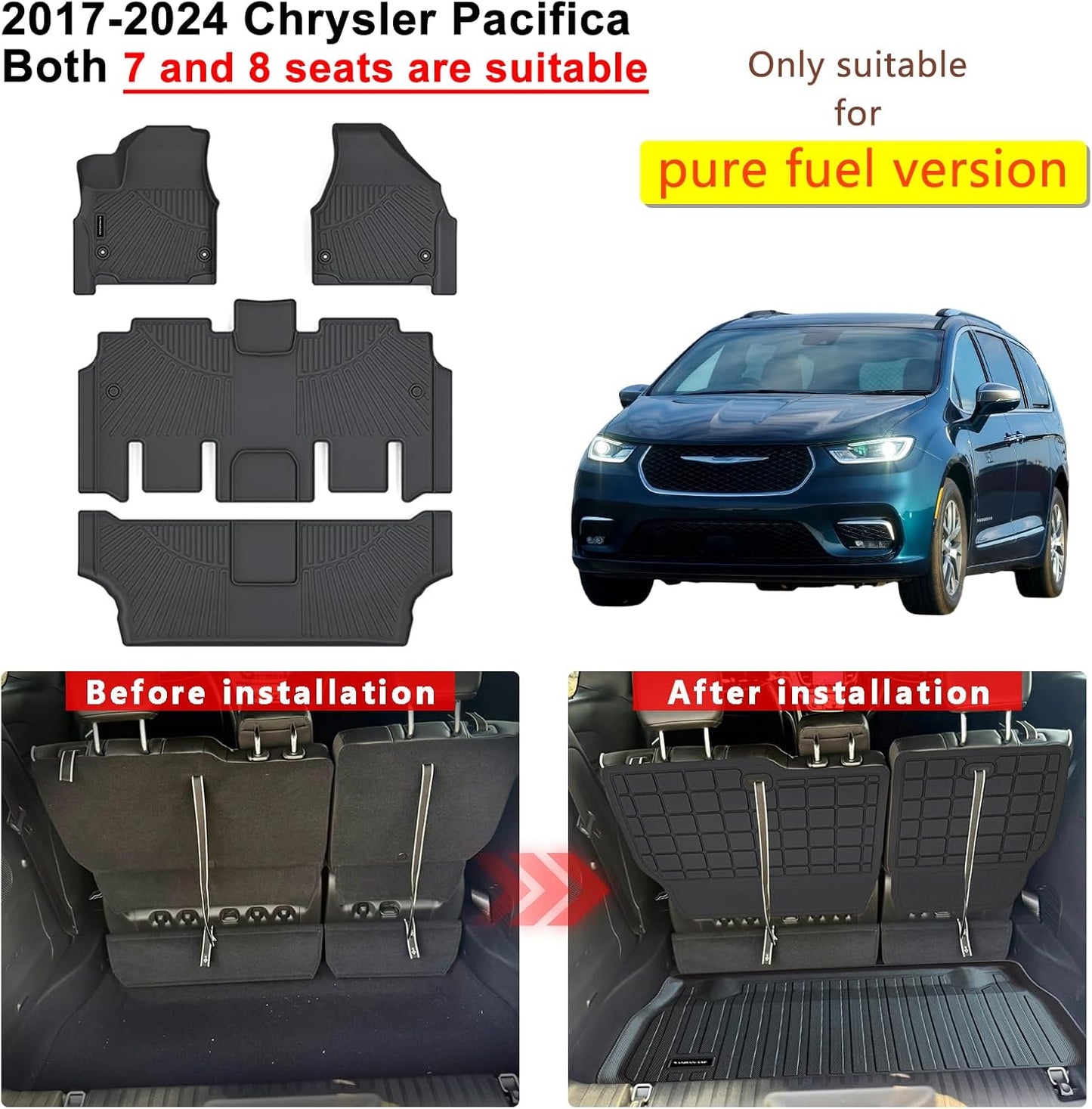Floor Mats, Trunk Liner & Backrest Mat for 2017-2024 2025 Chrysler Pacifica Gas Touring 7/8 Seat (Non Hybrid & Non Pinnacle) Customized TPE All Weather Car Floor Liners with Backrest Protection Black
