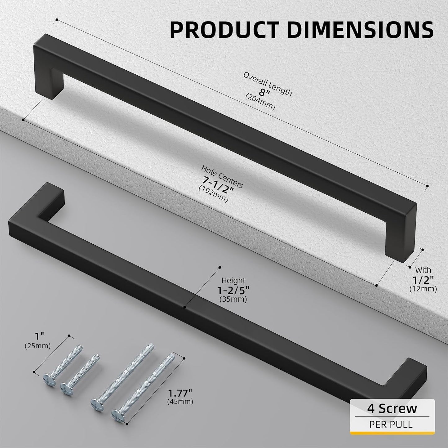 goldenwarm 100 Pack 7-1/2in Black Square Bar Cabinet Pull Drawer Handle Stainless Steel Modern Hardware for Kitchen and Bathroom Cabinets Cupboard,Center to Center 192mm Matte Black Drawer Pulls