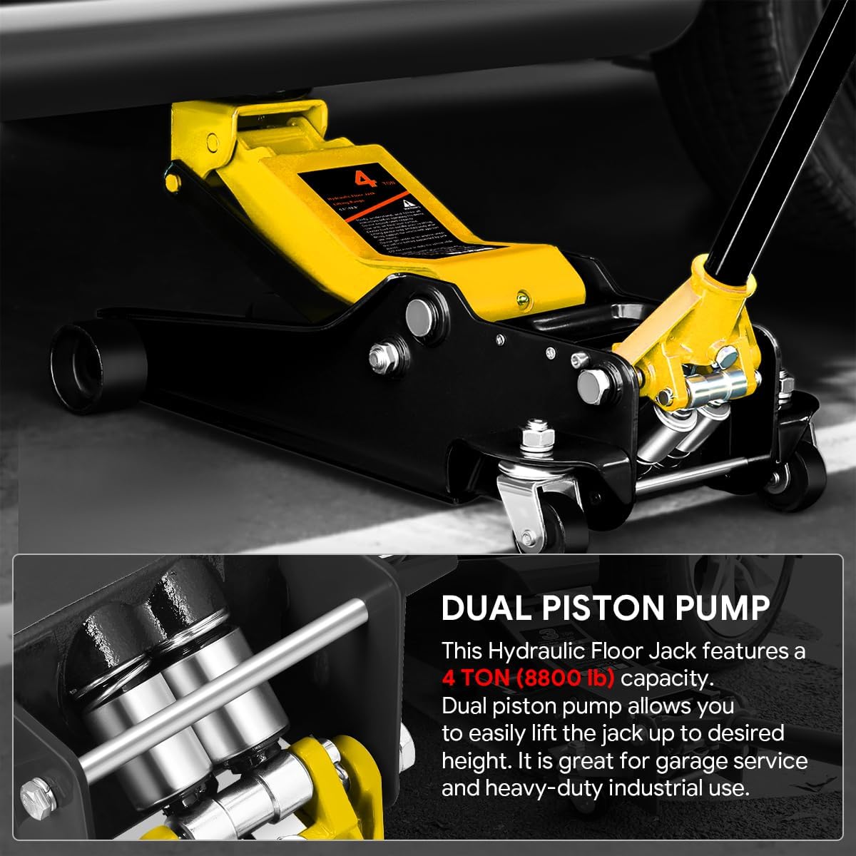 DNA MOTORING Low Profile Hydraulic Trolley Service/Floor Jack, 4 Ton (8000 lbs) Capacity, Lifting Range 4.5"-20", Yellow, TOOLS-00307-YL