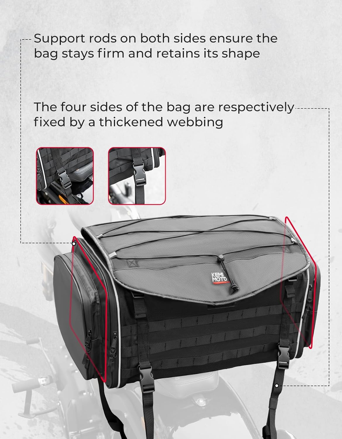 KEMIMOTO Motorcycle Tail Bag, Dual Use Motorcycle Rear Seat Bag with Waterproof Rain Cover, 50L Expandable Motorbike Helmet Bag Luggage Storage Backpack