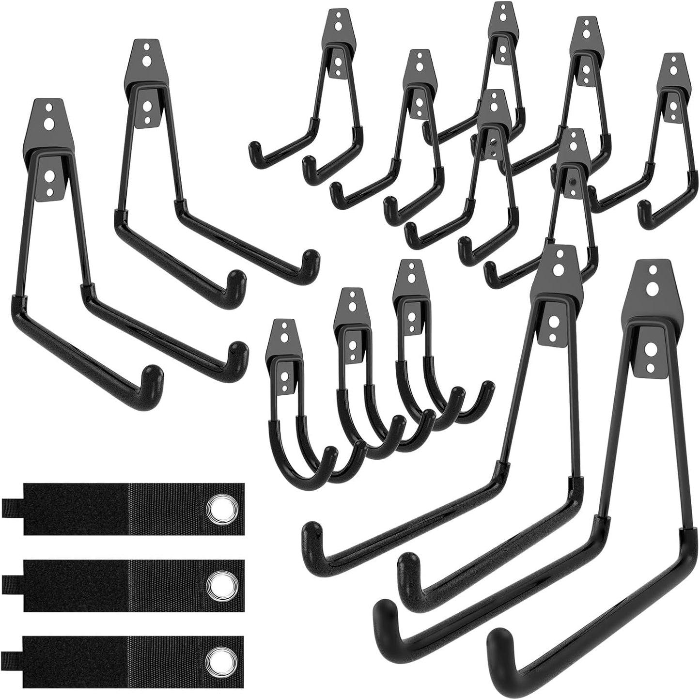 QcoQce 17 Pack Heavy Duty Garage Hooks with Extension Cord Straps, Wall Mount Hooks, Garage Organization and Tool Hangers for Bike, Ladder, Ropes and Garden Tools
